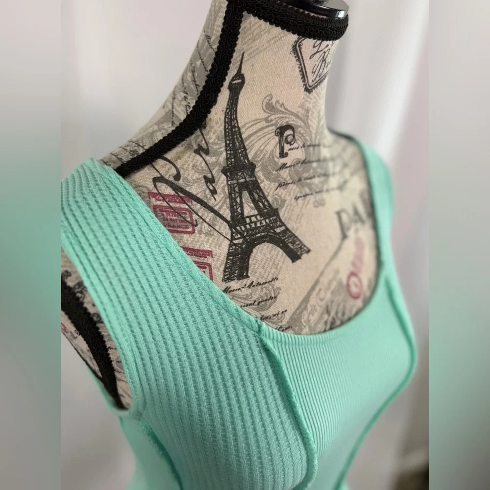 FITZ + EDDI Mint Green Ribbed Cotton Crop Tank Top Size S | Raw Edge Boho